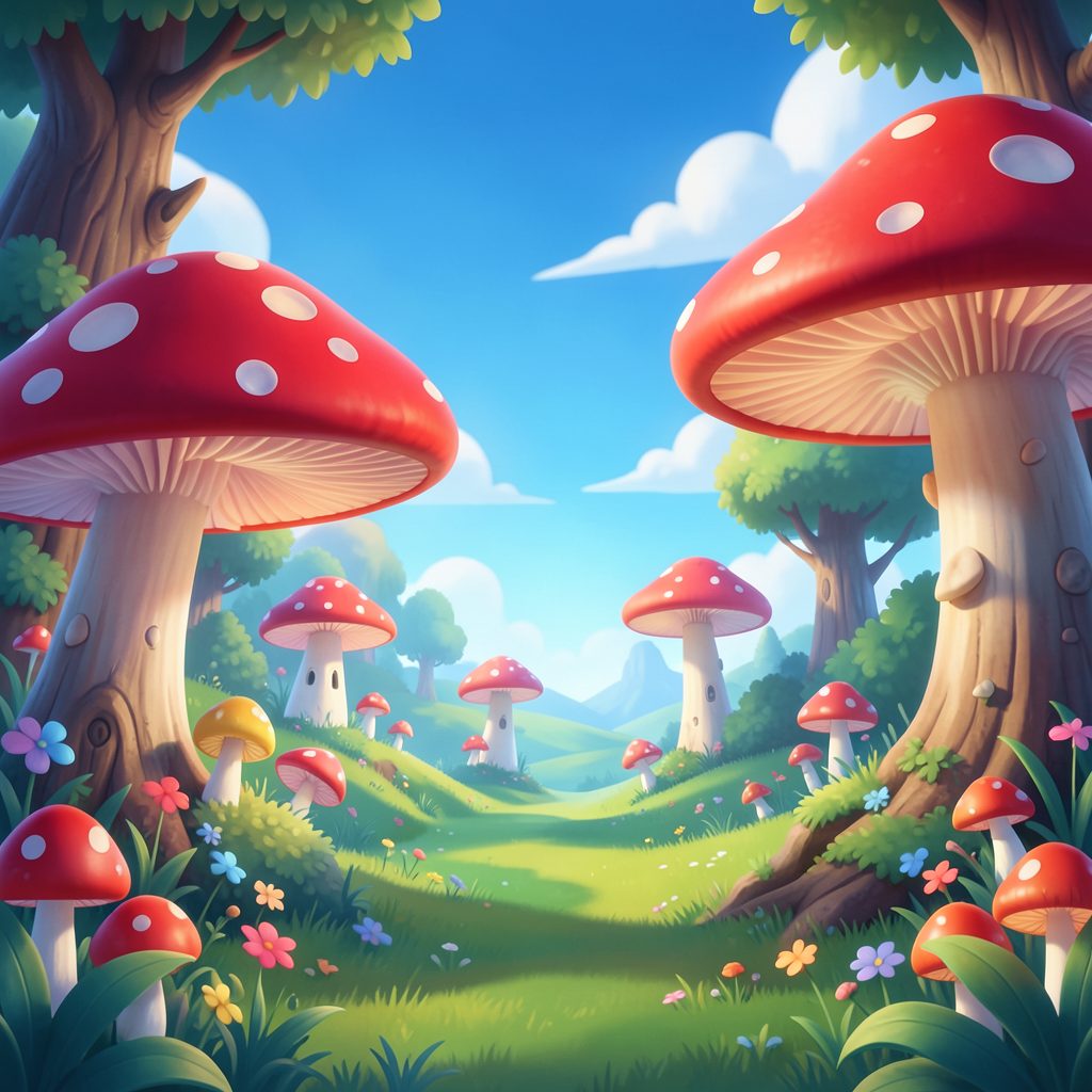 Colorful animated adventure movie poster with a bright red and blue palette and a cheerful mushroom kingdom landscape