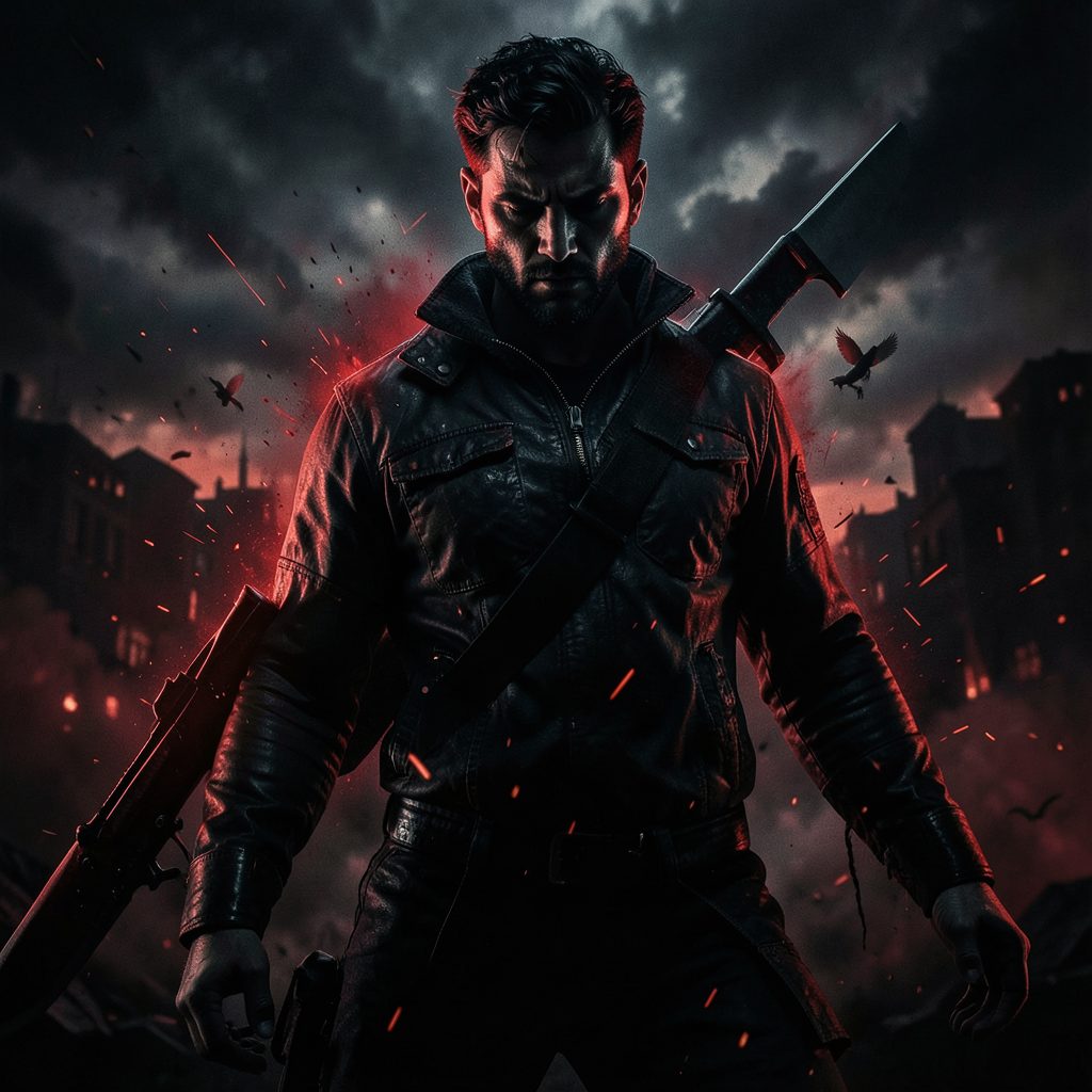 Dramatic action movie poster with dark moody tones and bold red accents