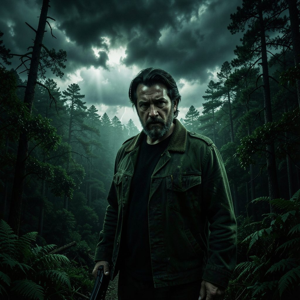 Action thriller movie poster with deep forest greens and shadowy tension under a stormy sky