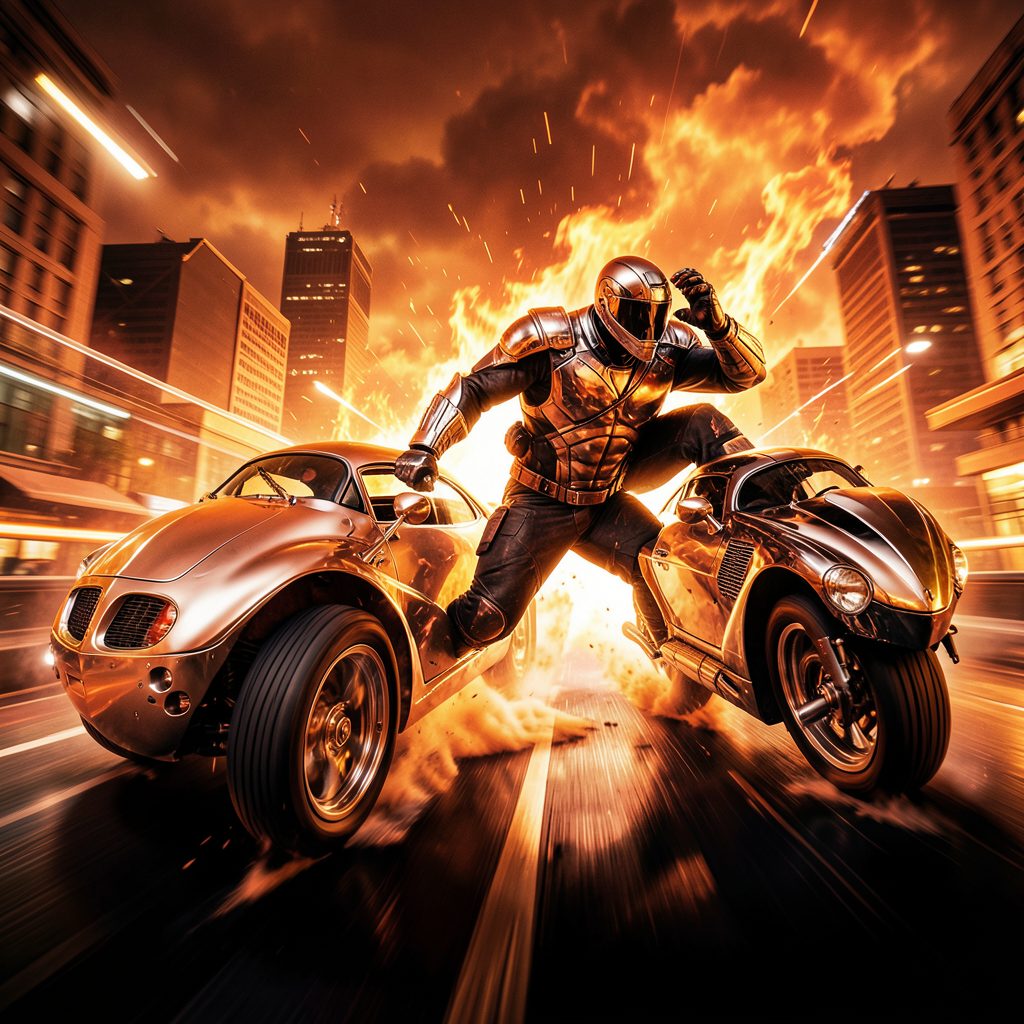 High-octane action movie poster with fiery orange and chrome metallic tones and speeding vehicles