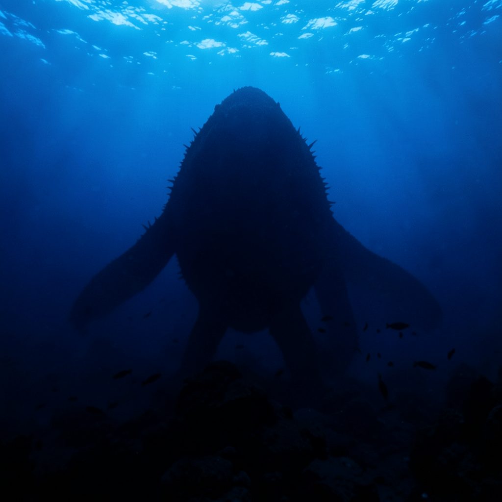 Deep ocean blue movie poster with a massive shadowy creature silhouette beneath dark water