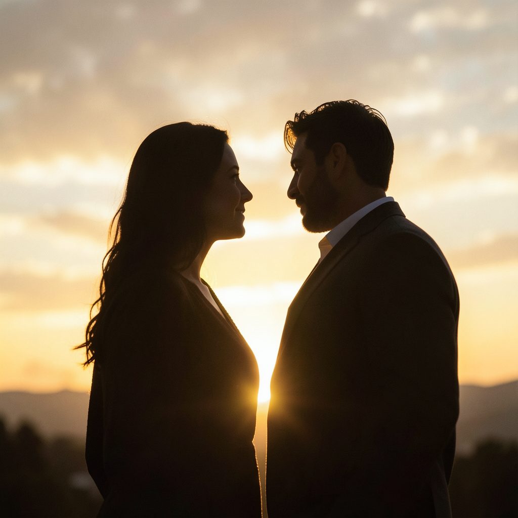 Romantic drama movie poster with soft warm golden light and two silhouettes against a sunset sky