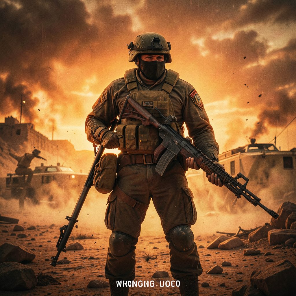 Gritty war thriller movie poster with dusty desert tones and intense orange hues