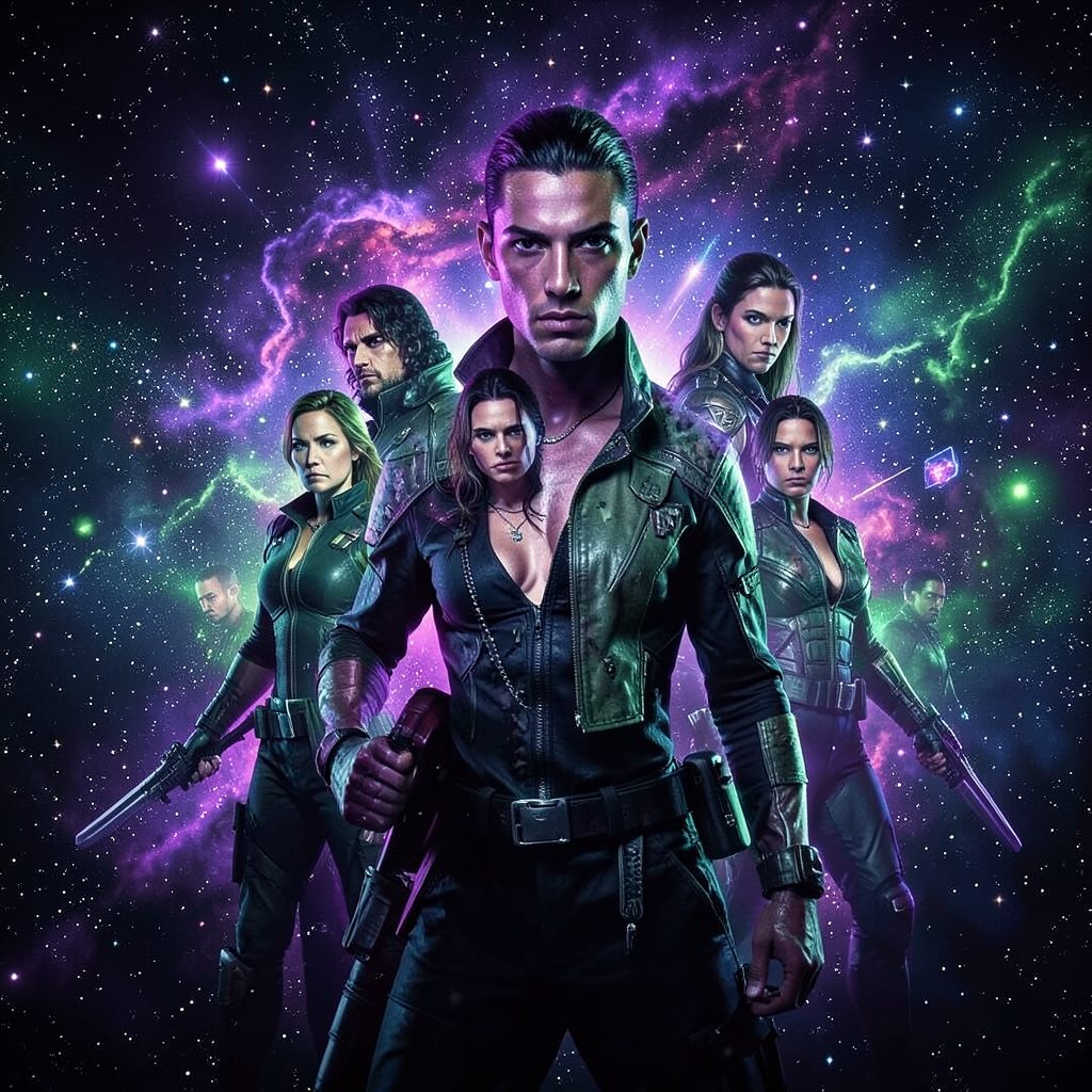 Sci-fi adventure movie poster with vivid cosmic purples and greens and a team of heroes against a starfield