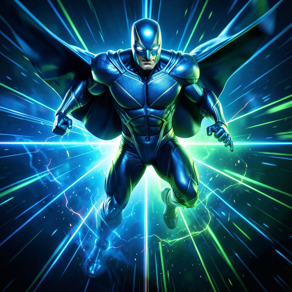 Superhero movie poster with vivid blue and green metallic tones and dynamic energy effects