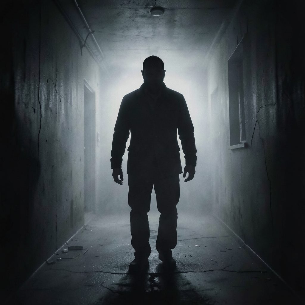 Dark gothic horror movie poster with muted grays and a foreboding shadowy figure in a misty corridor