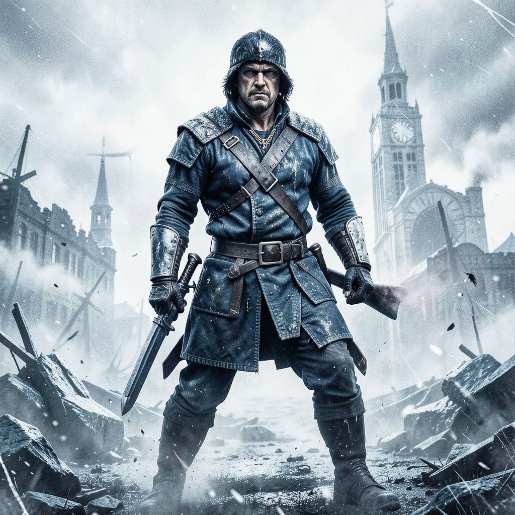 Gritty action movie poster with cold Nordic tones of white and steel blue and a lone warrior figure