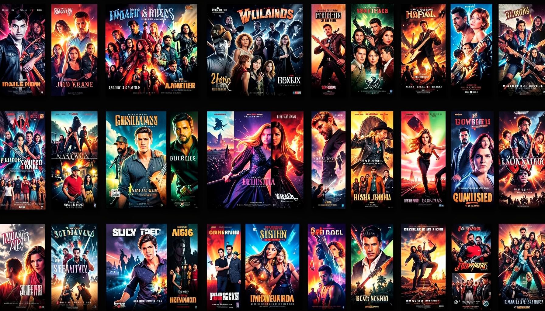 Grid of colorful movie poster thumbnails against a dark background, vibrant and energetic collage feel