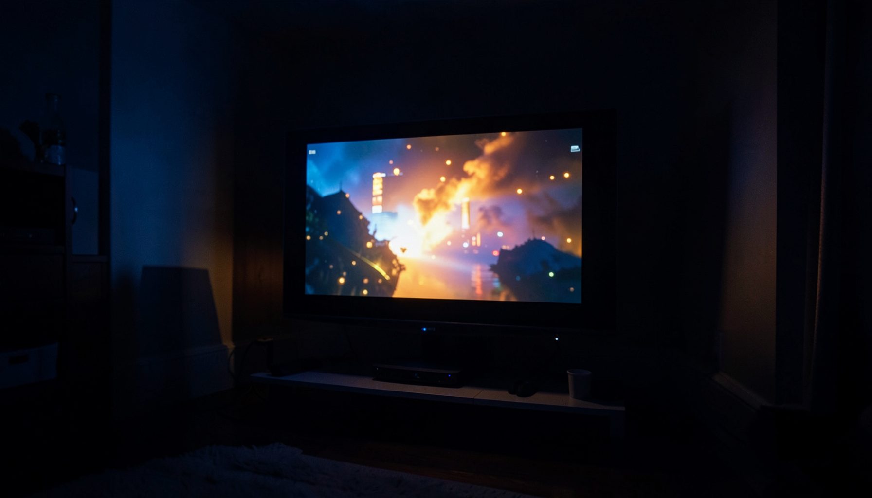Cinematic wide shot of a glowing screen in a dark room, rich deep blues and warm amber highlights creating a cozy streaming atmosphere