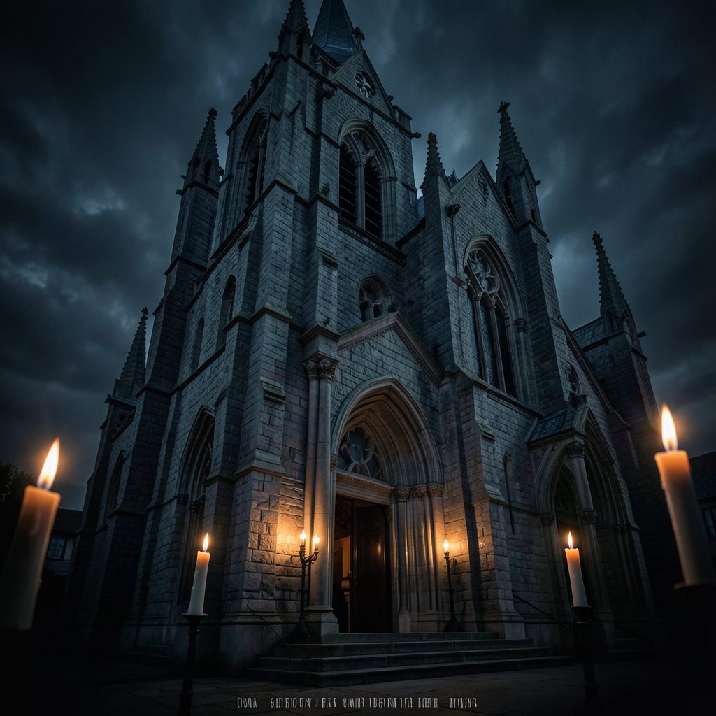 Religious thriller movie poster with dark stone cathedral tones and dramatic candlelight shadows