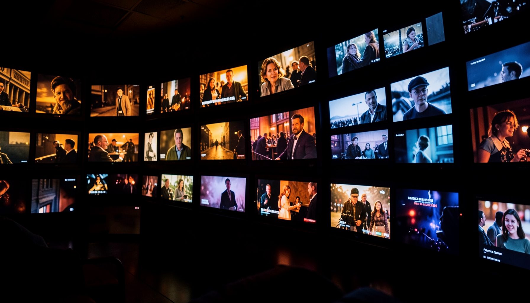 Dark cinematic scene with rows of glowing screens displaying varied TV show scenes in warm amber and cool blue light, creating a dramatic viewing-wall atmosphere