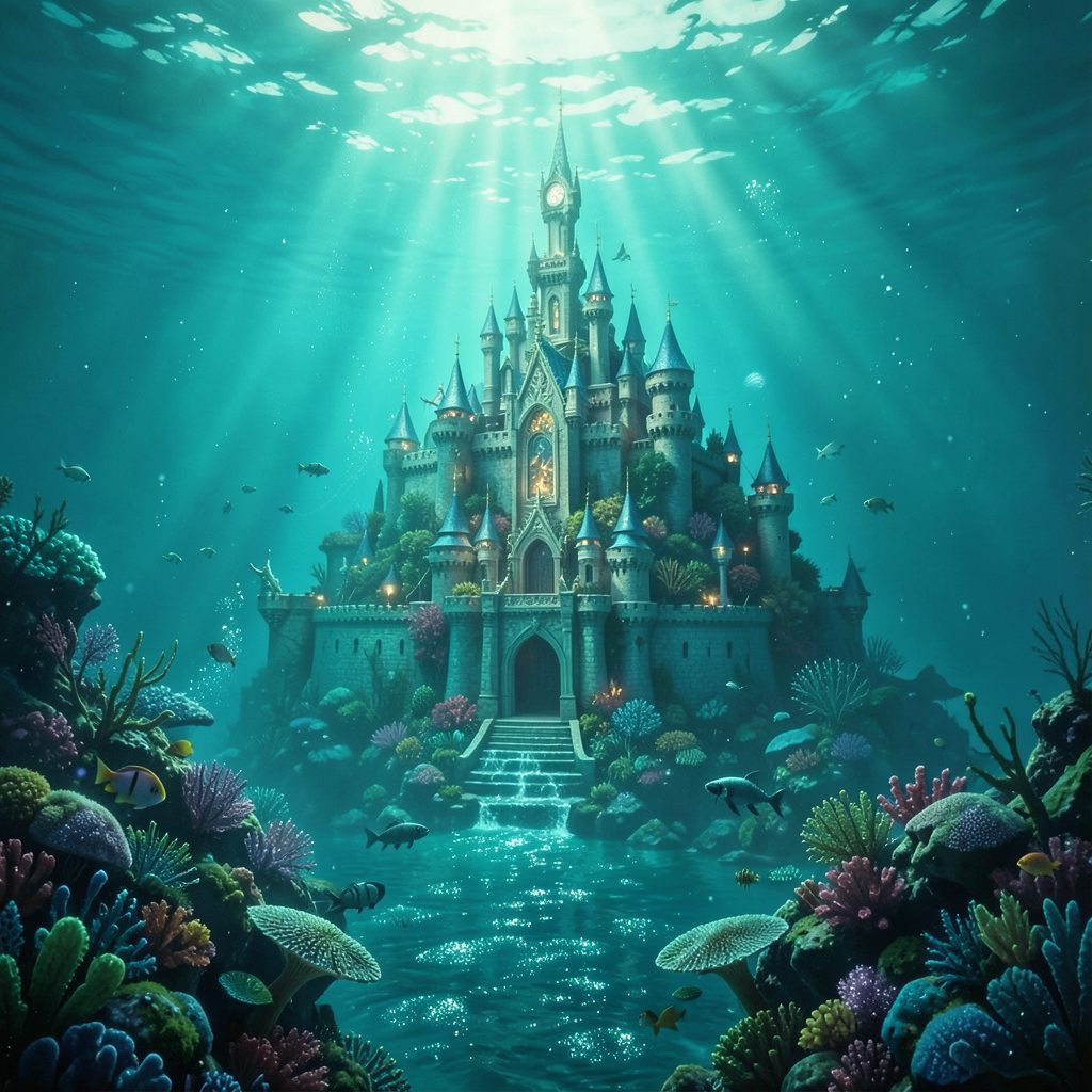 Fantasy adventure movie poster with shimmering teal ocean tones and an underwater magical kingdom