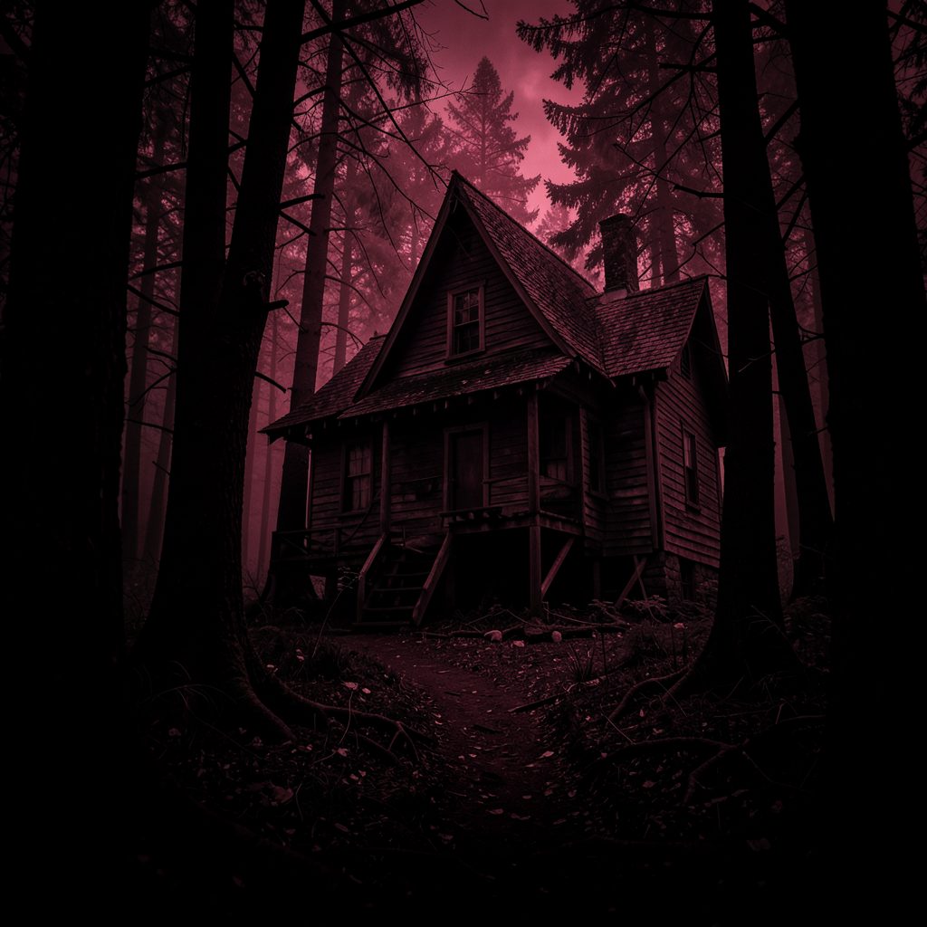 Horror movie poster with dark crimson and black tones and an eerie cabin in a shadowy forest